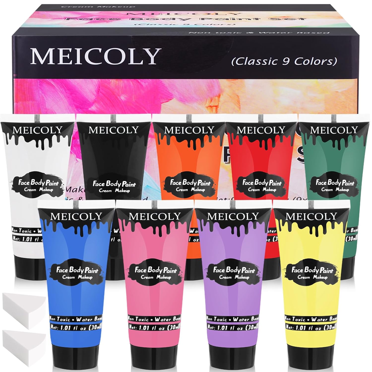 Showcases the complete set of face paint colors available in the package, highlighting the range and variety of options for customers.