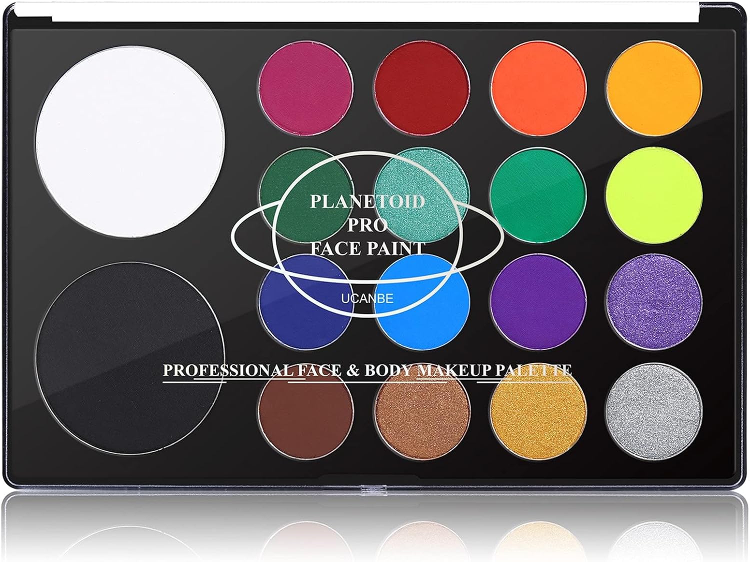 Showcases the wide range of vibrant colors available in the face paint palette, appealing to makeup artists and enthusiasts. Displays the product in its sleek, portable packaging with clear labeling…