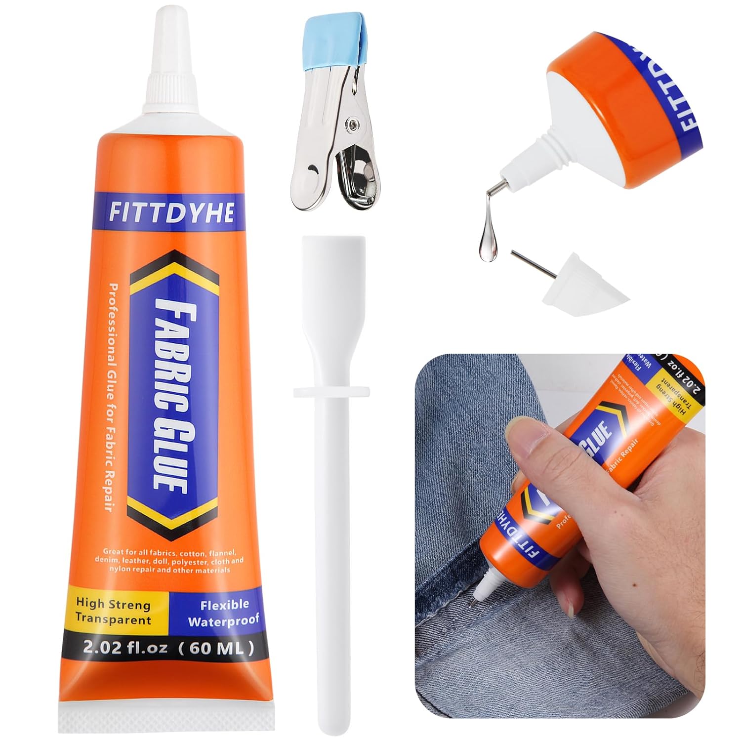 Showcases the main product (fabric glue) along with its included accessories for fabric repair. Displays all components of the fabric glue kit, including applicators and tools, to show the complete…