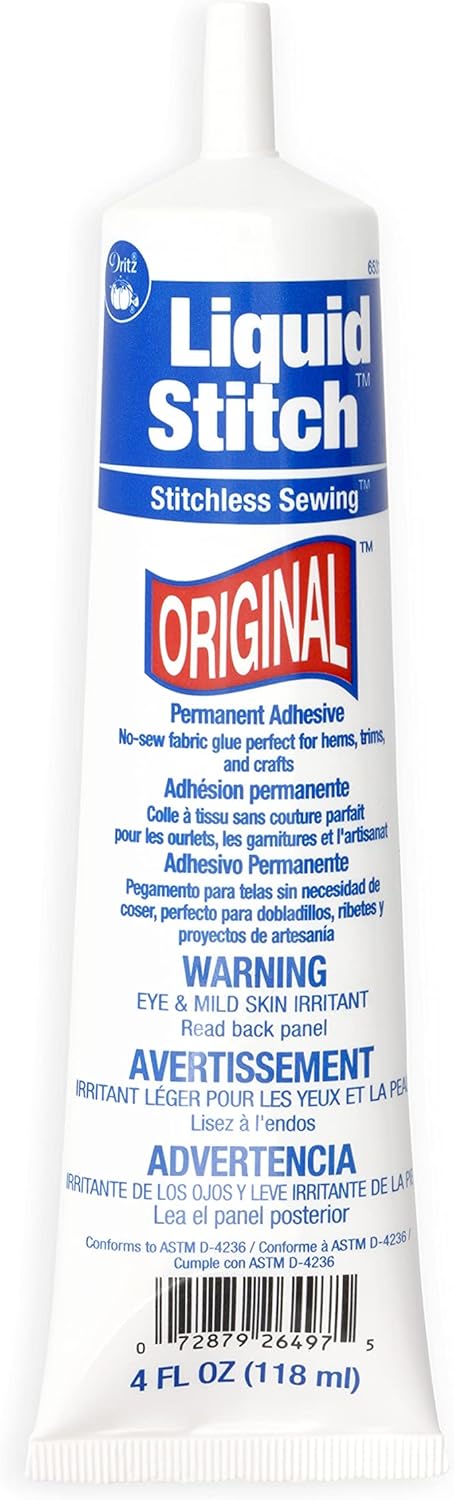 Showcases the product clearly, highlighting its function as a permanent adhesive for stitchless sewing and crafts.