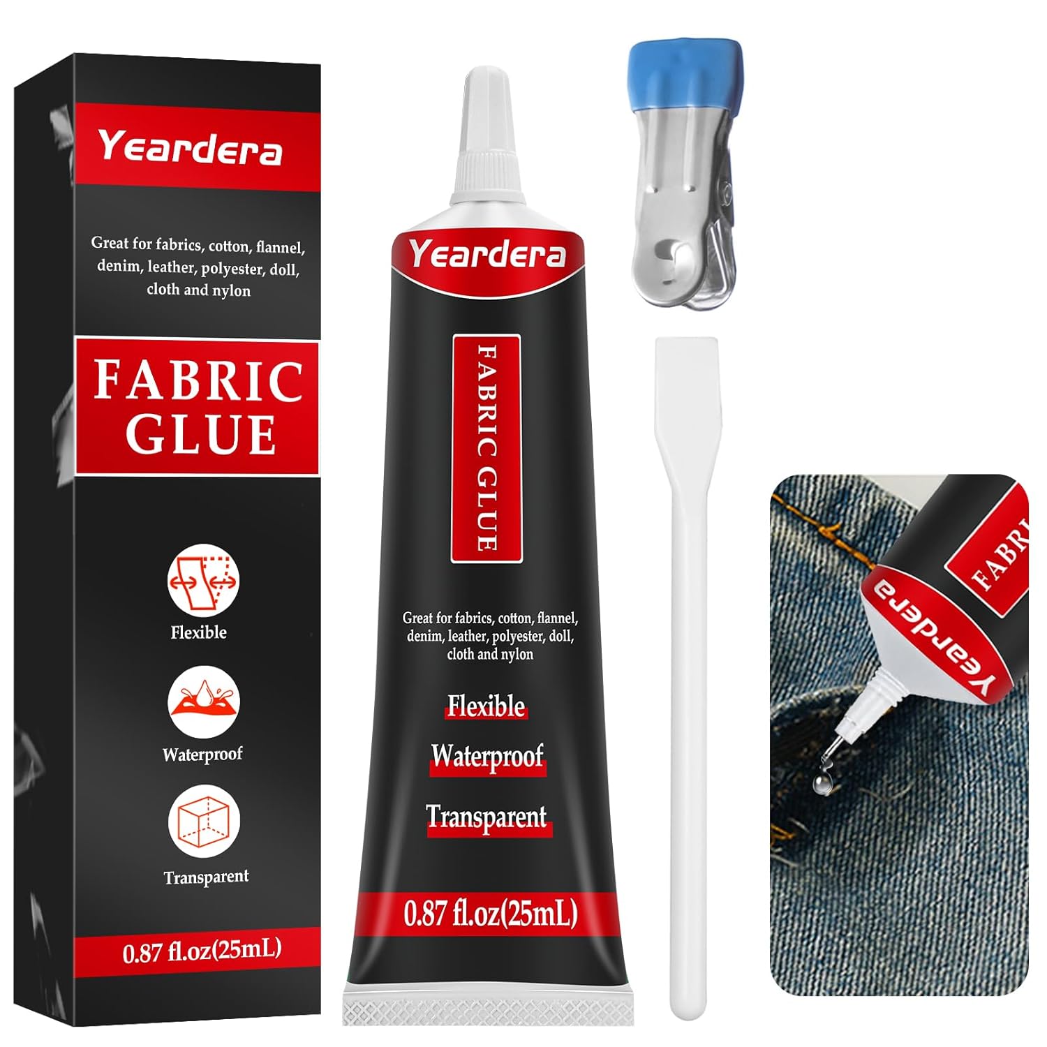 Showcases the main product (fabric glue) along with included accessories to demonstrate the complete package customers will receive. Highlights the additional tools (applicator, brush) included with…