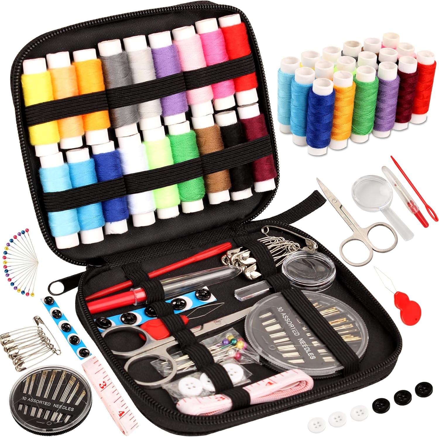Showcases all the components included in the sewing kit, demonstrating the comprehensive nature of the product.