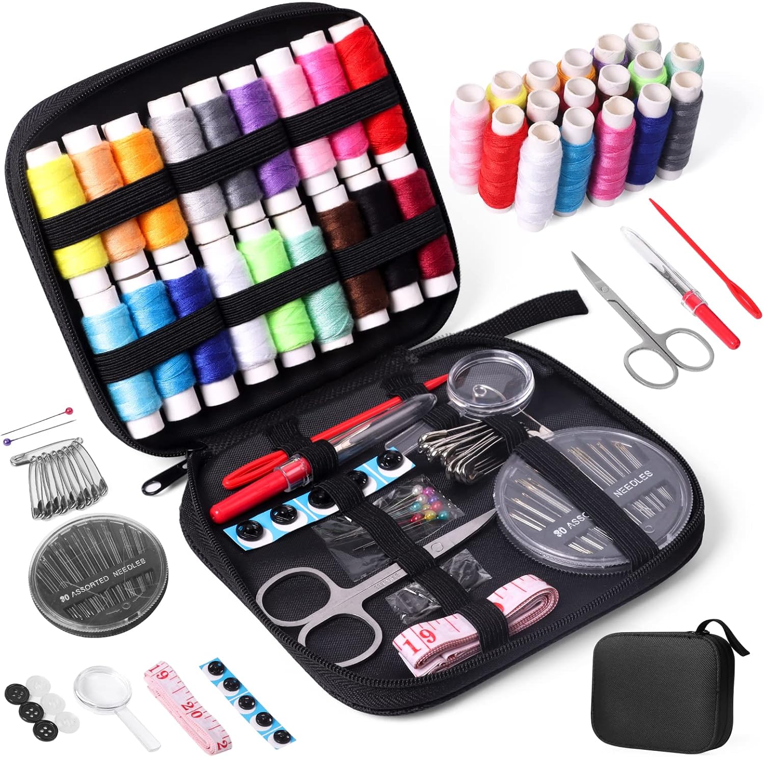 Showcases the complete set of sewing supplies included in the kit, demonstrating the variety and comprehensiveness of the product.