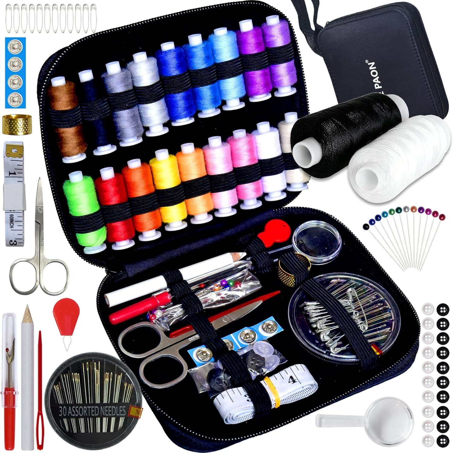 Showcases all the components included in the sewing kit, demonstrating the comprehensive nature of the product.
