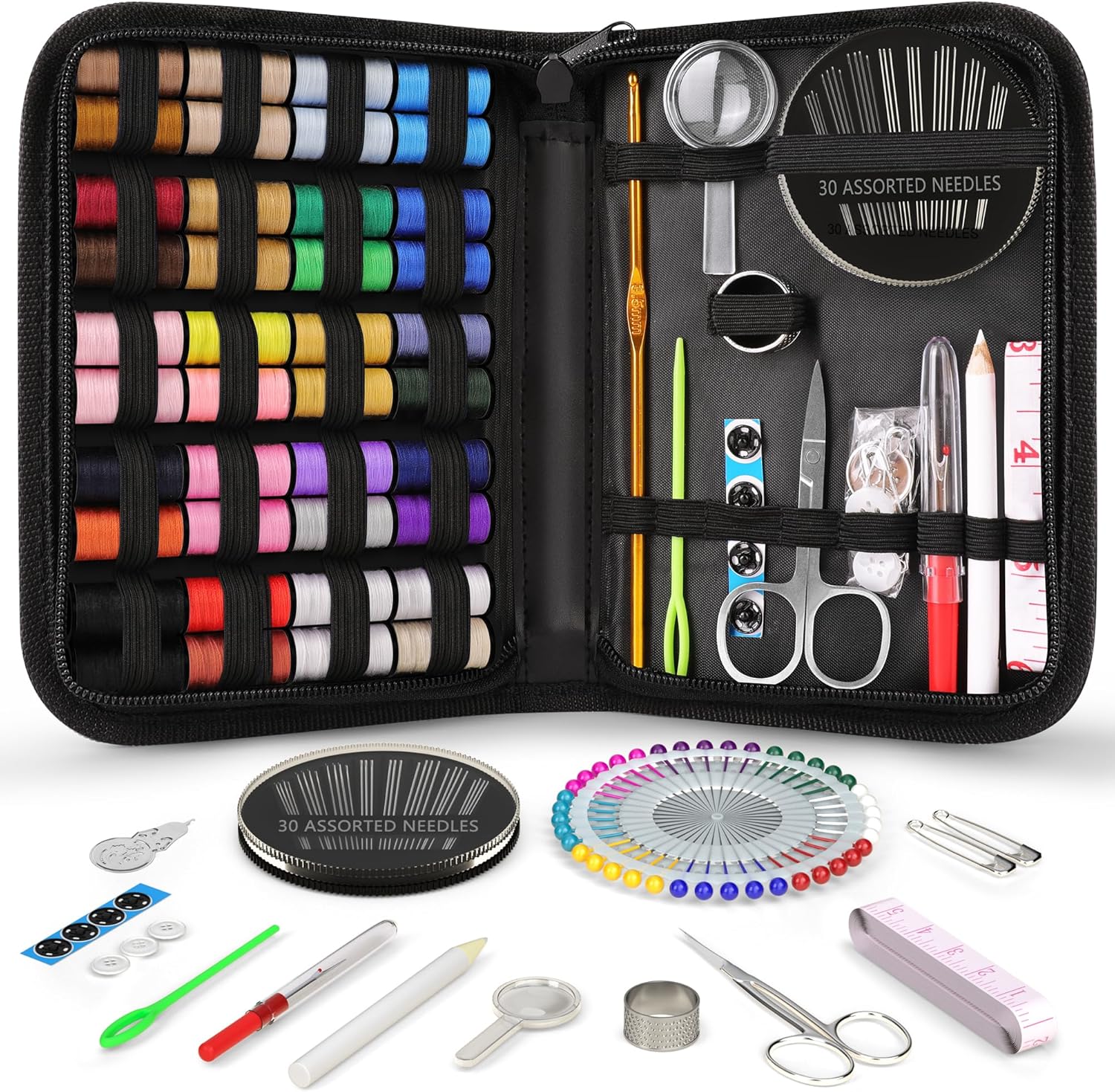 Showcases the complete set of sewing tools and materials included in the kit, demonstrating its versatility and value to potential buyers.
