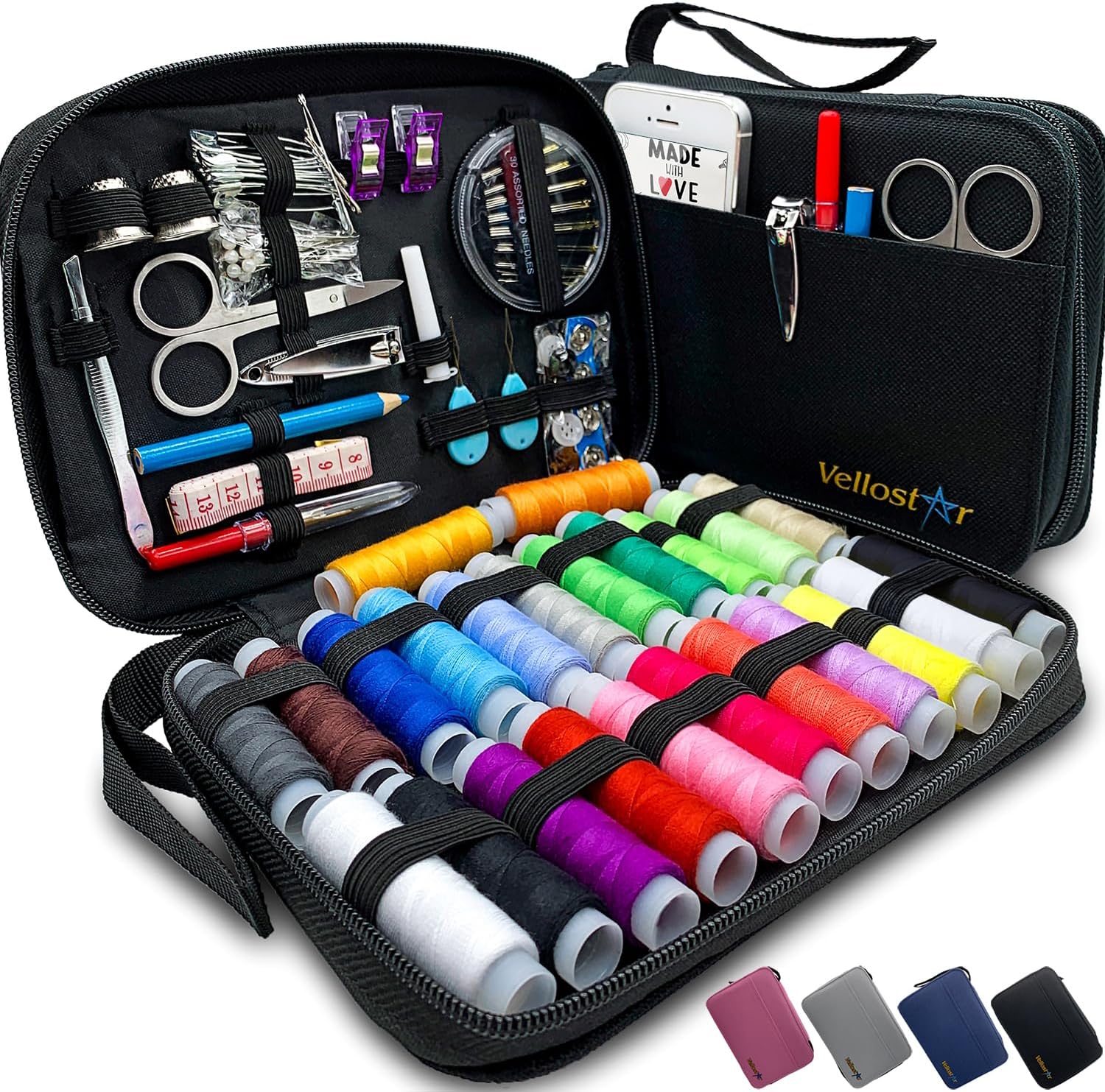 Showcases the comprehensive sewing kit with all included tools and materials neatly organized in a portable case. Displays the wide range of sewing supplies included in the kit, from threads to…