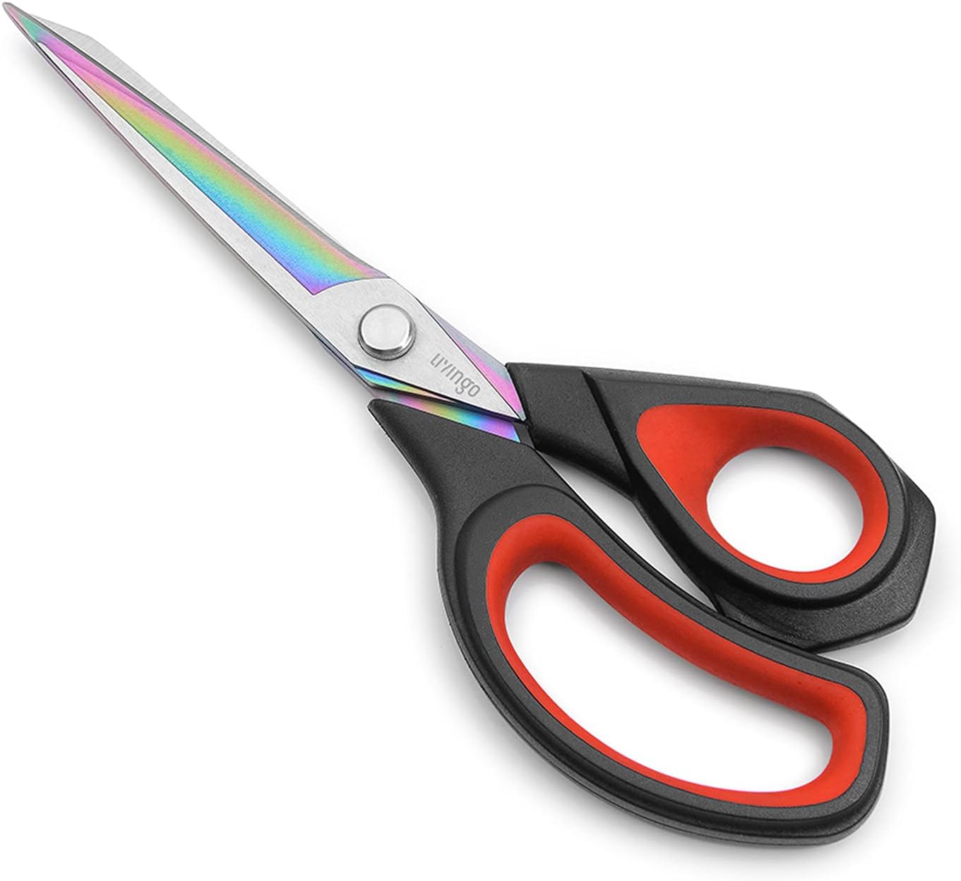 Showcases the unique rainbow-colored blade of the scissors, highlighting its aesthetic appeal and potential attractiveness to customers.