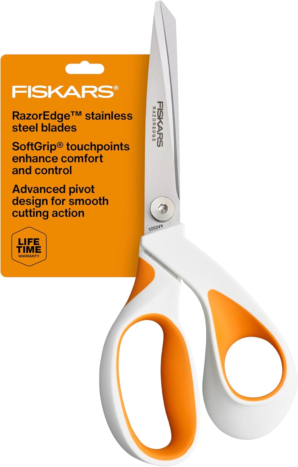 Showcases the scissors' key features and ergonomic design to highlight comfort and cutting performance. Displays the product alongside its packaging to provide key product information and warranty…