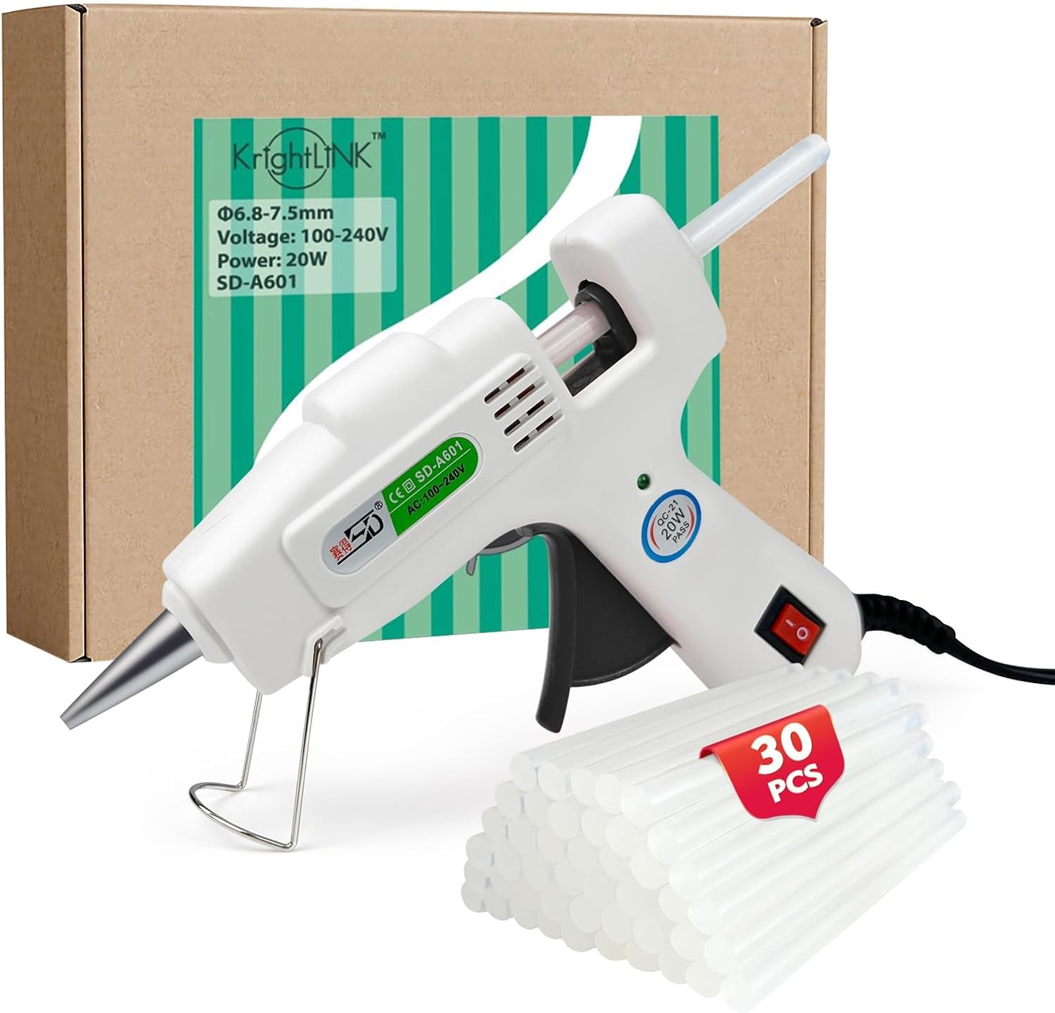 Shows the product alongside its retail packaging to communicate brand identity and what the customer will receive. Displays the main product (glue gun) with included glue sticks to show all items…