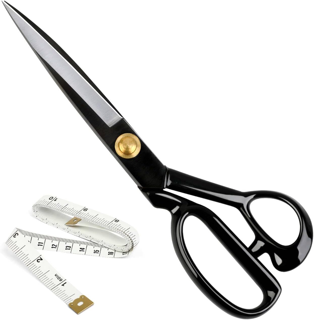 Showcases the main product (scissors) along with a complementary tool (measuring tape) to highlight its use in sewing or crafting.