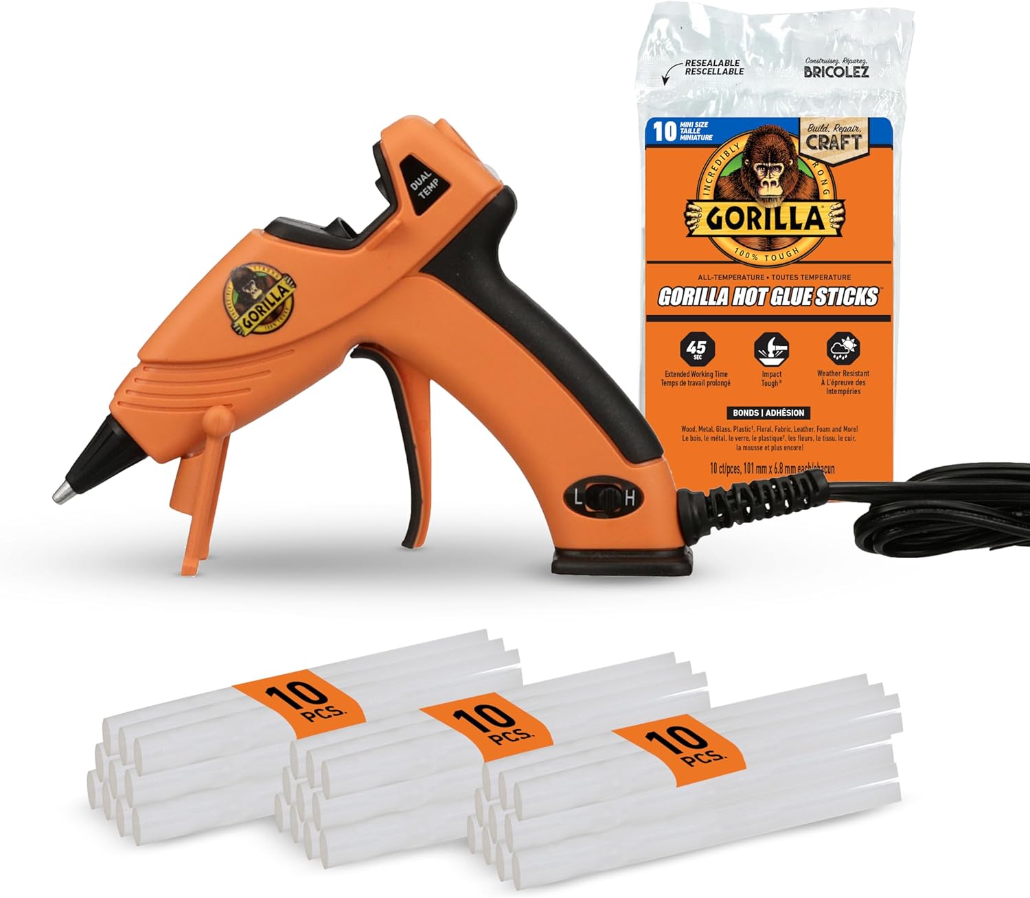 Showcases the complete hot glue gun kit, including the gun and glue sticks, to demonstrate the full product offering. Displays all components of the kit to show buyers exactly what they will receive…