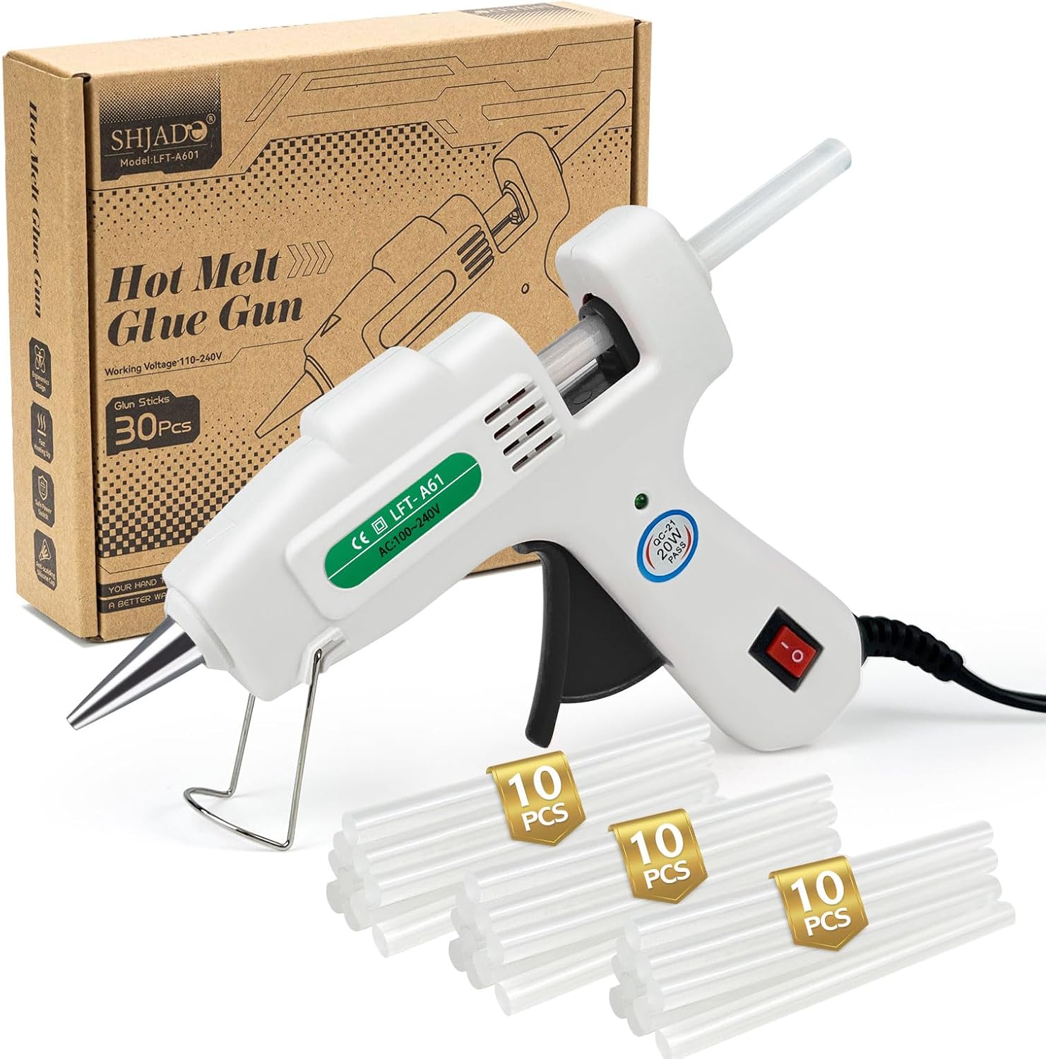 Shows the complete product package including the glue gun and included glue sticks to inform buyers of exactly what they will receive. Displays the product alongside its retail packaging to…