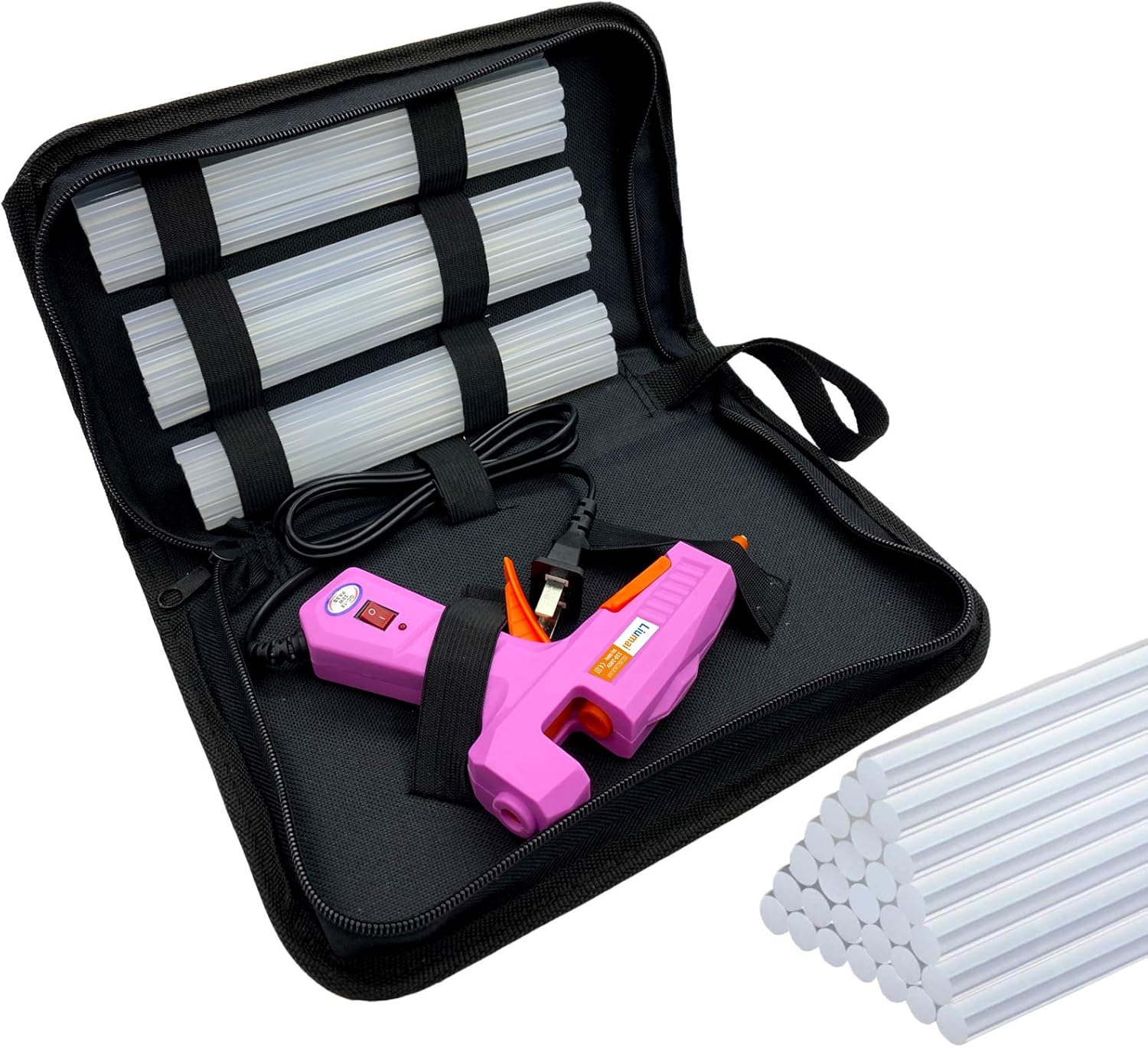 Shows the full contents of the glue gun kit, including the gun, glue sticks, and carrying case. Highlights all the components that come with the product, emphasizing the value and completeness of…