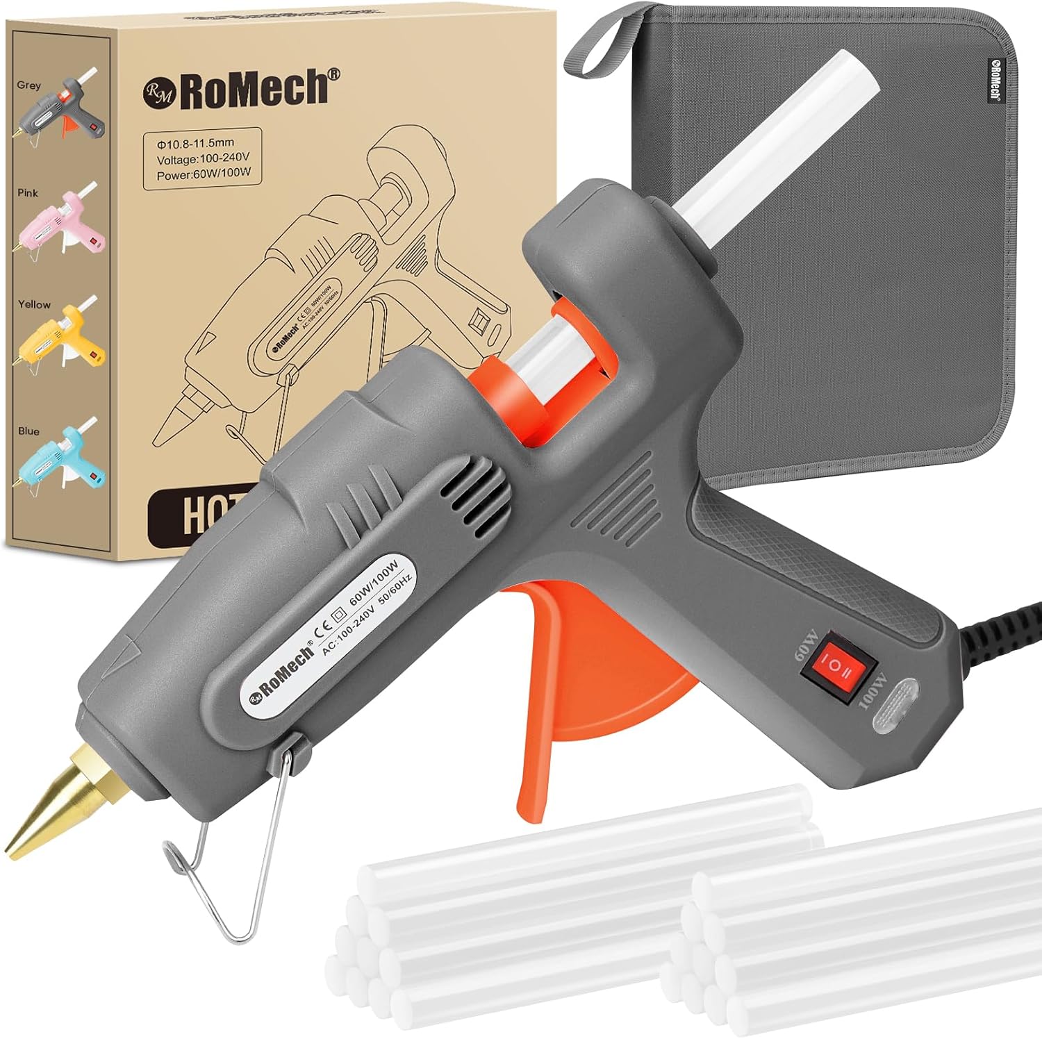 ROMECH Full Size Hot Glue Gun with 60/100W Dual Power and 21 Hot Glue Sticks (7/16"): Hero Images