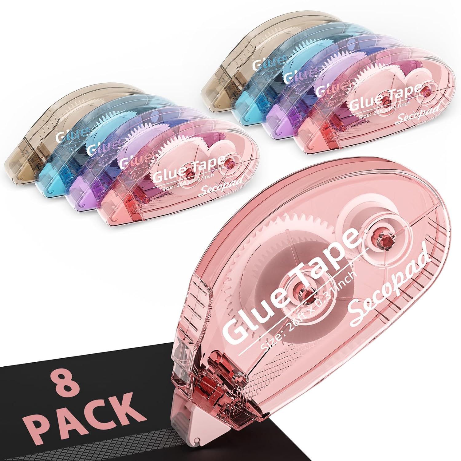 Showcases the variety of colors available and the transparent design of the glue tape dispensers. Displays the different color options available and highlights that it's an 8-pack product.