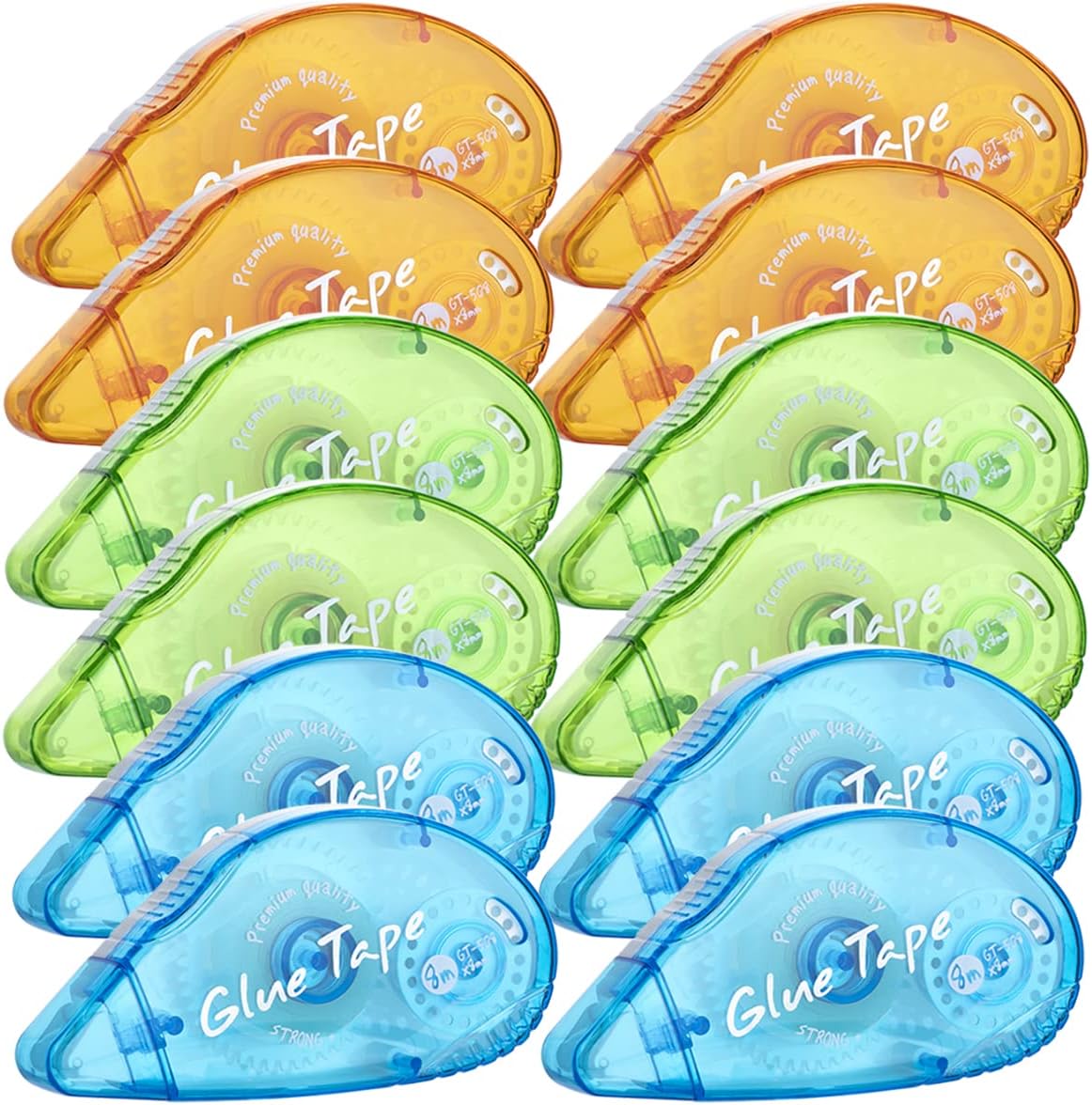 Shows the variety of colors available and the quantity of glue tape dispensers included in the package. Displays the different color options available for the glue tape dispensers, allowing…