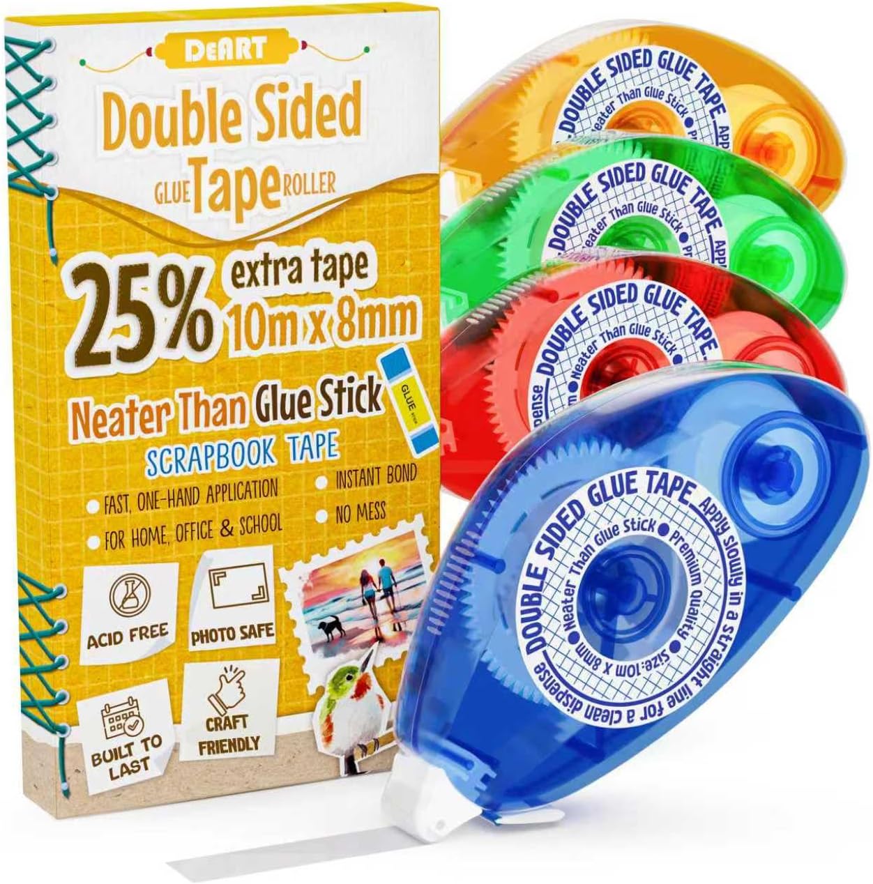 Showcases the variety of colors available and highlights the extra tape included in the package. Displays the product packaging with key features and instructions to inform potential buyers about…
