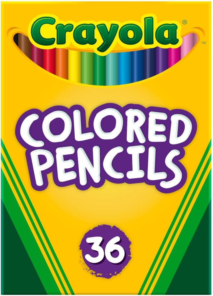 Showcases the product packaging and highlights the variety of colors included in the set of colored pencils.