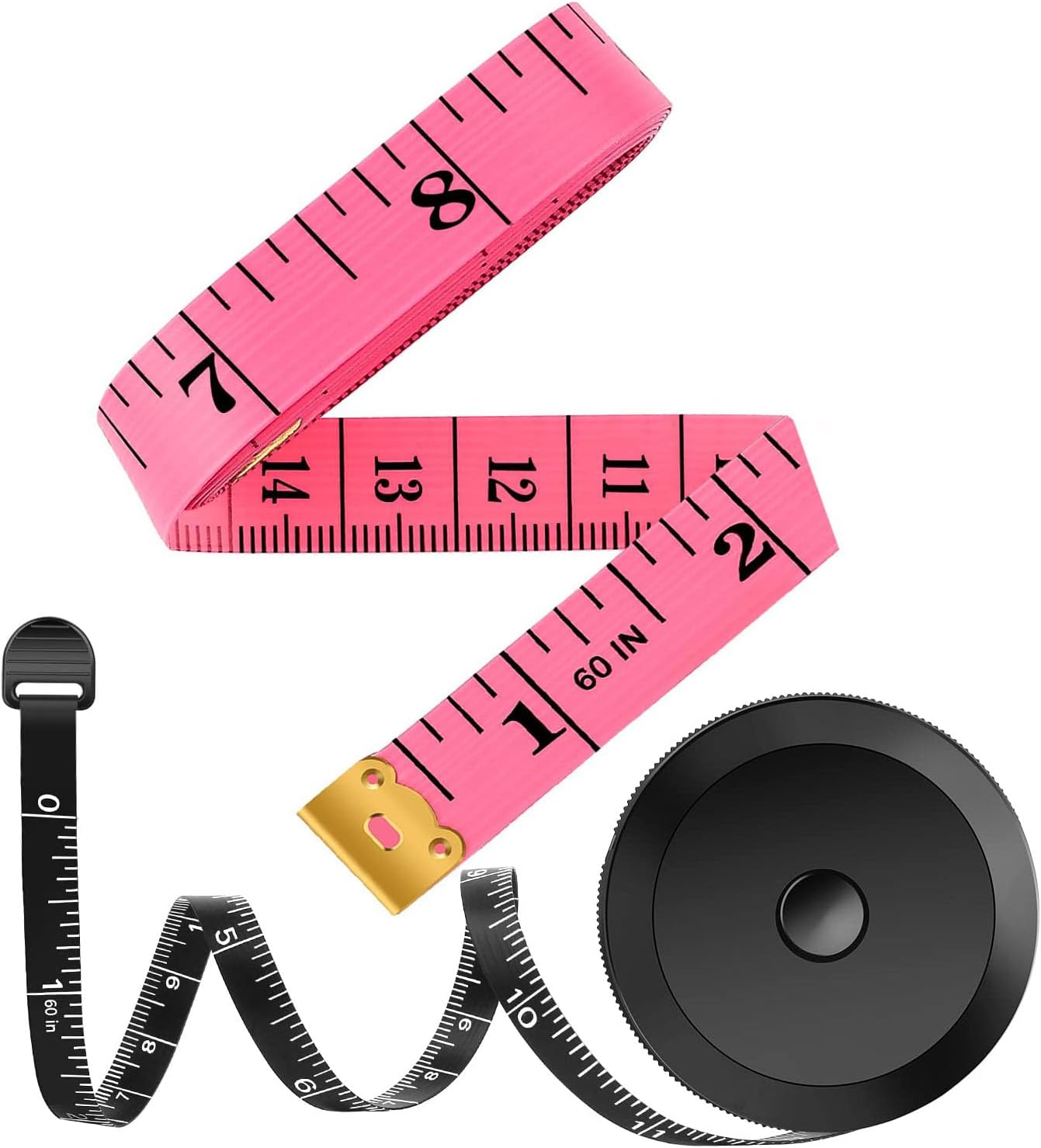Showcases a set of measuring tools including a pink tape measure and black retractable tape measure to highlight the product's functionality and variety.