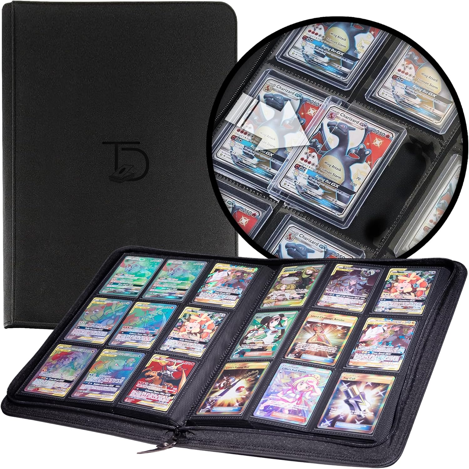 Showcases the product's capacity and organization features for storing trading cards. Demonstrates the included components and how they work together to protect and display cards.