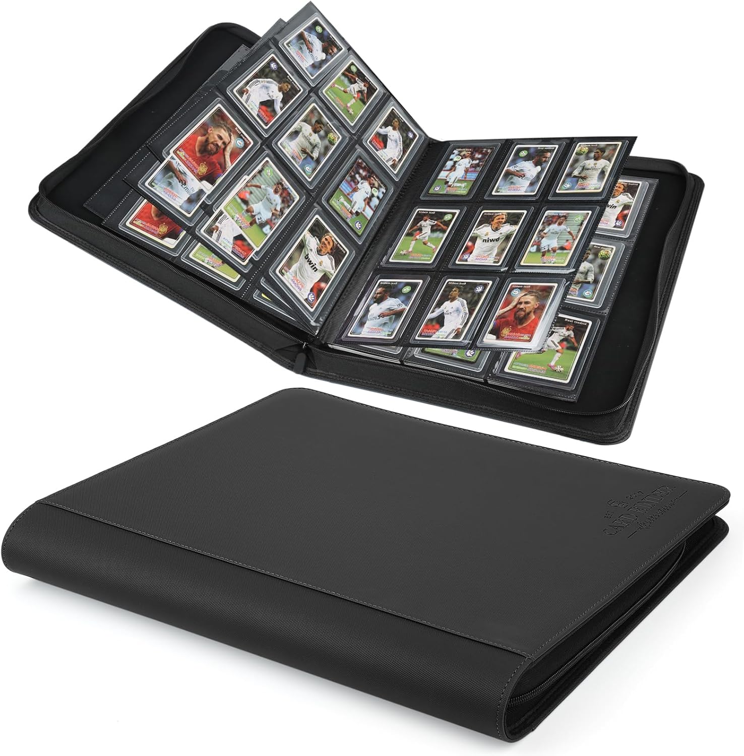 Showcases the product's capacity and organization features for storing trading cards. Demonstrates the internal layout and card storage capabilities of the album.