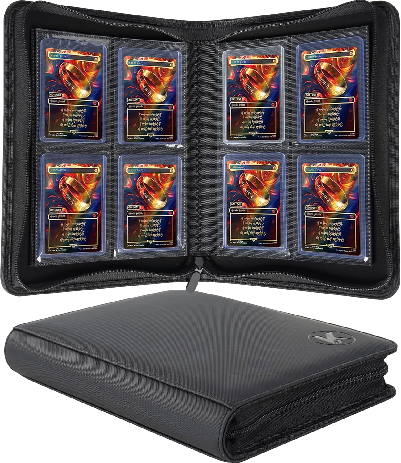 Showcases the product's capacity and organization features for storing collectible cards. Demonstrates the binder's interior layout with multiple card slots and secure zipper closure.