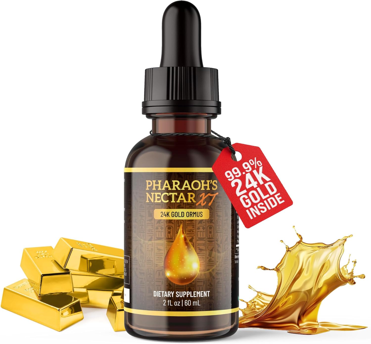 Showcases the product bottle design and branding to help customers identify and recognize the supplement. Uses gold bar imagery and liquid splash to emphasize the product's gold content and liquid…