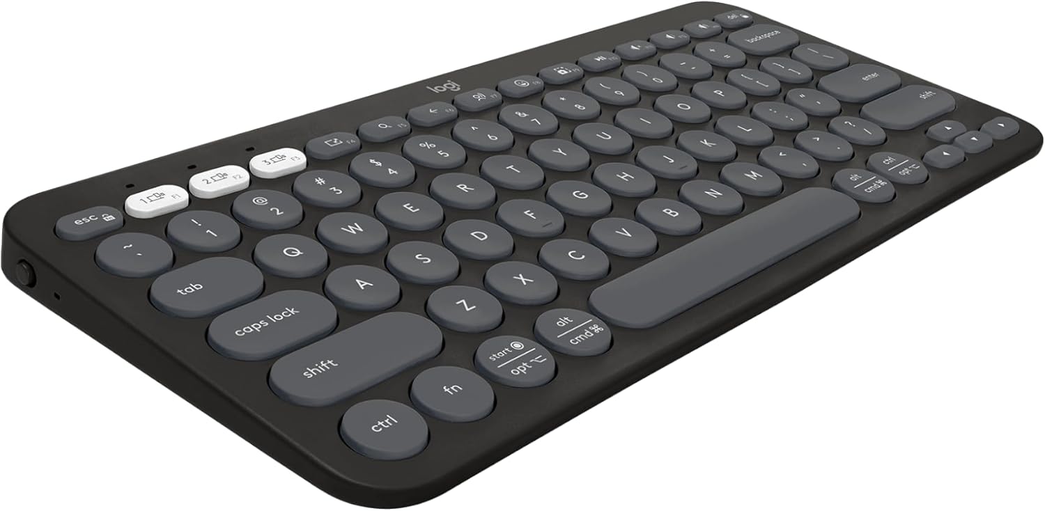 Showcases the sleek, compact keyboard design and highlights its ability to connect to multiple devices.