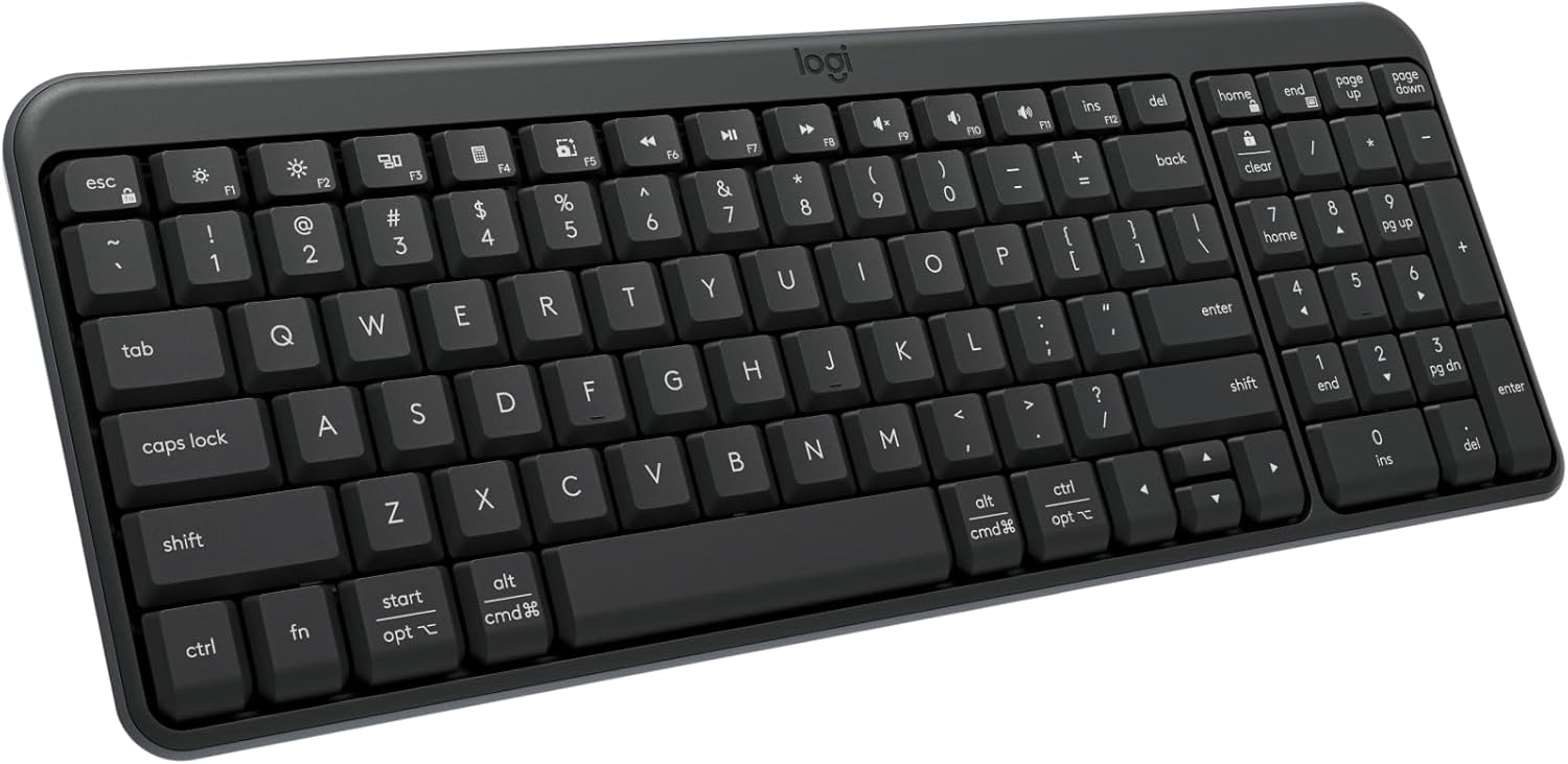 Shows the complete keyboard design to highlight its full-size layout and key arrangement.