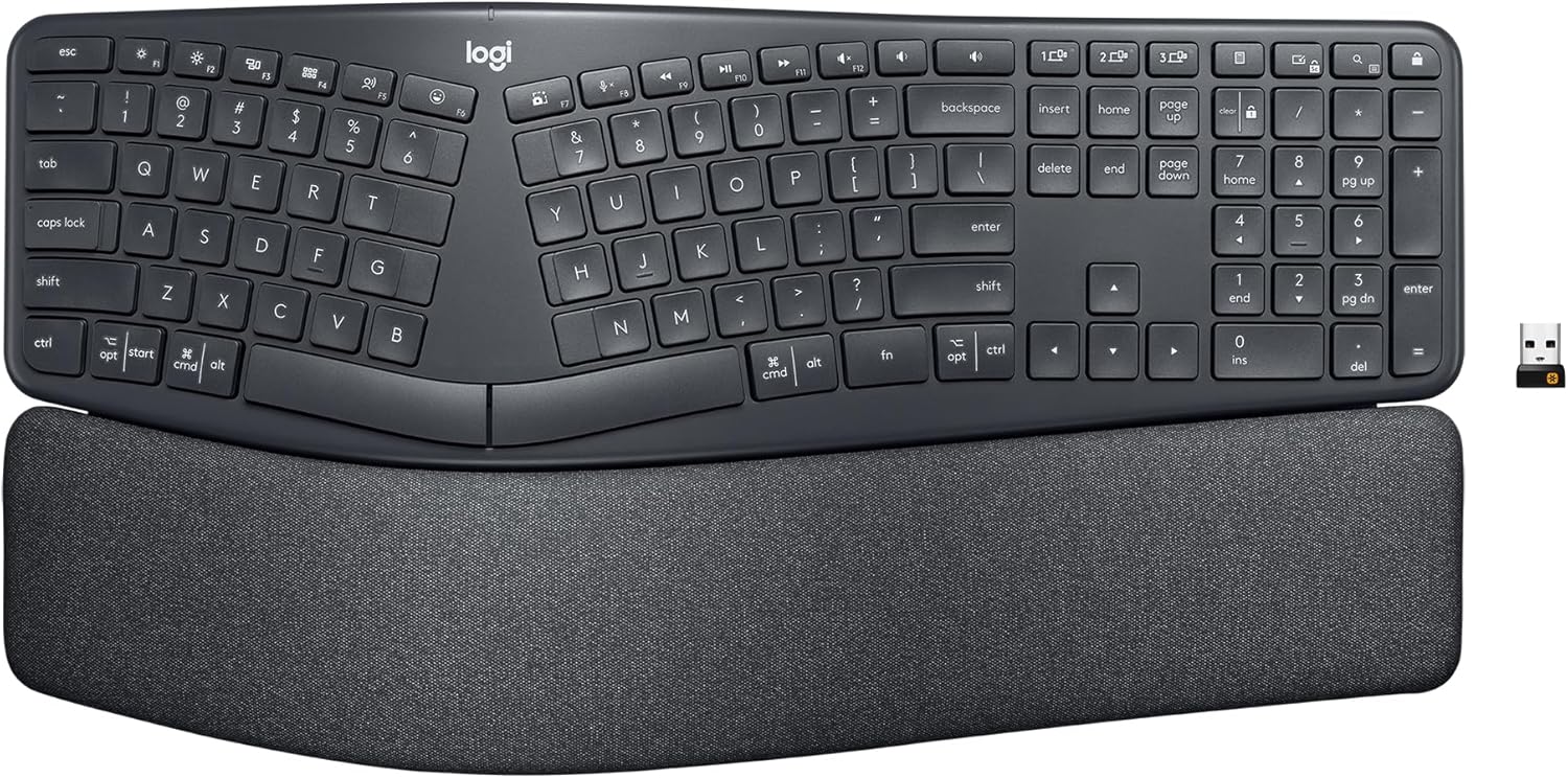 Showcases the full keyboard layout and ergonomic design with wrist rest to highlight comfort and functionality.