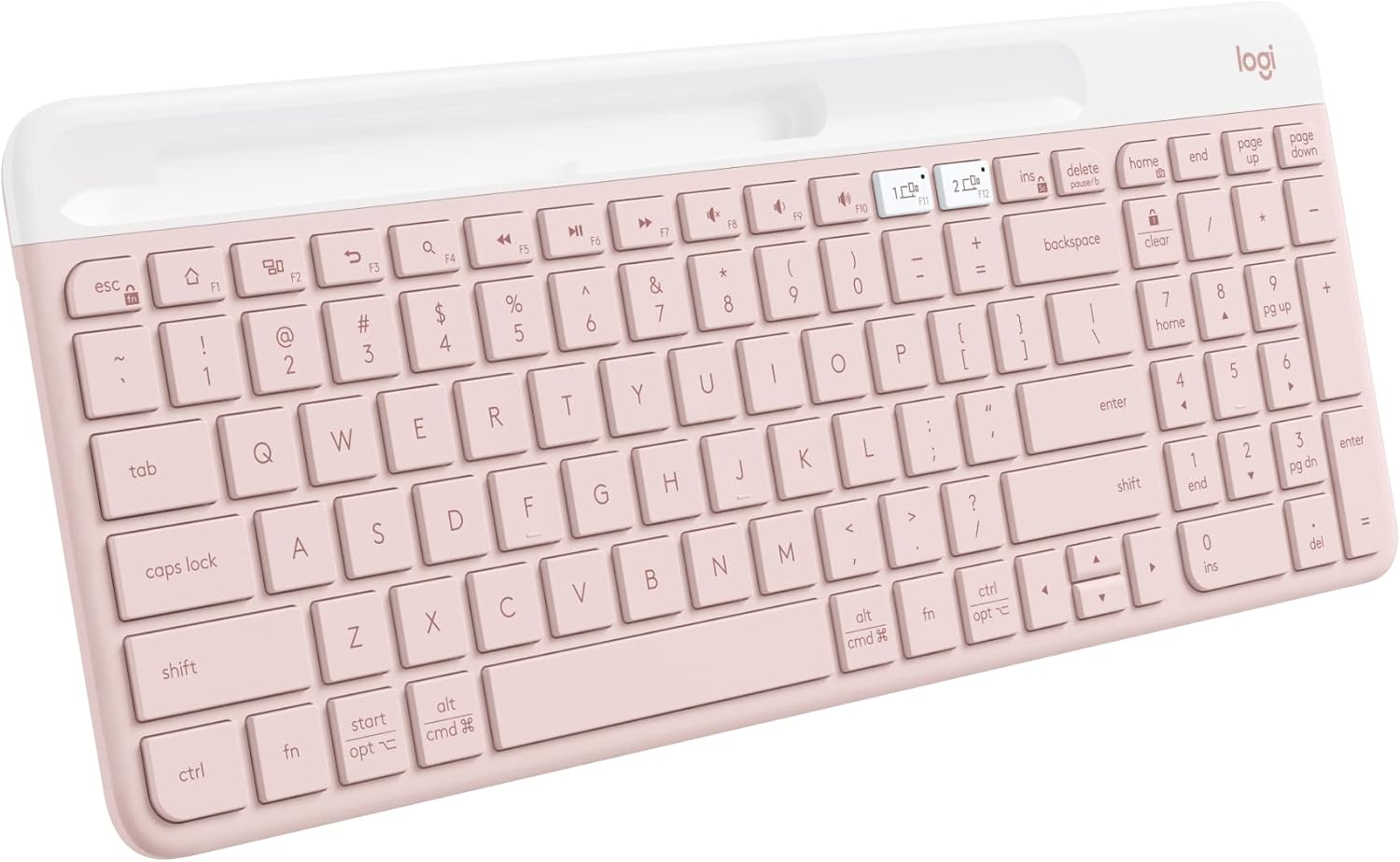 Showcases the complete keyboard design, highlighting its color and key layout to potential buyers.