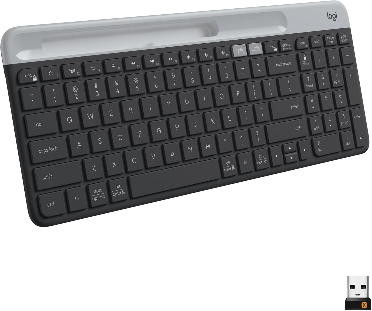 Shows the complete keyboard product with all keys visible to demonstrate its full functionality and layout. Includes the wireless USB dongle to highlight that this is a wireless keyboard with easy…