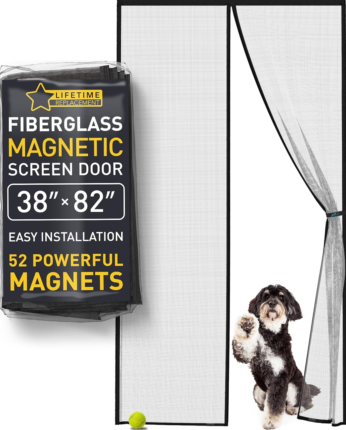 Showcases the product's full size and design, highlighting its easy installation with 52 powerful magnets. Displays the product packaging to inform customers about key features like size and magnet…
