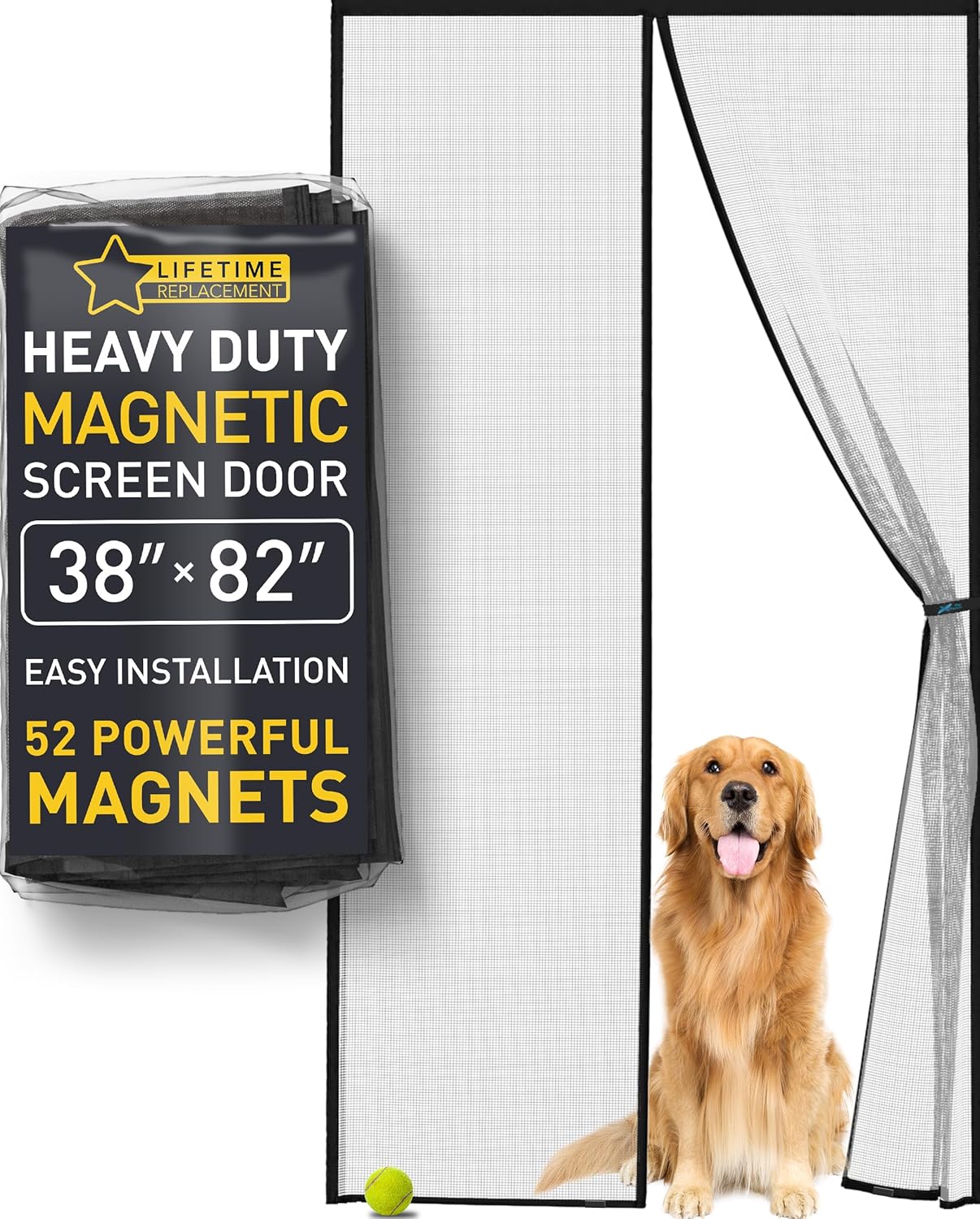 Showcases the product's main features and highlights its easy installation with 52 powerful magnets. Displays the product packaging to give customers an idea of what they will receive upon purchase.