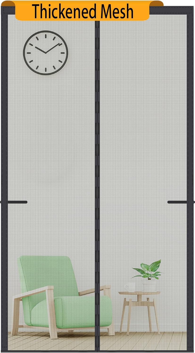 Showcases the product's main feature of a thickened mesh screen door, emphasizing its durability and effectiveness.