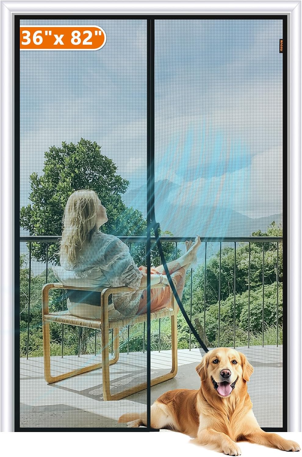 Highlights the size of the screen door to inform customers of its dimensions. Shows the product in use on a balcony with a person and dog, demonstrating its suitability for outdoor spaces and pet…