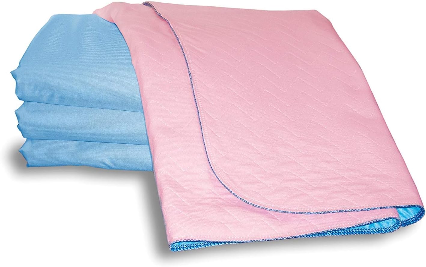 Shows multiple color options (pink and blue) for the product, likely bed pads or incontinence sheets.