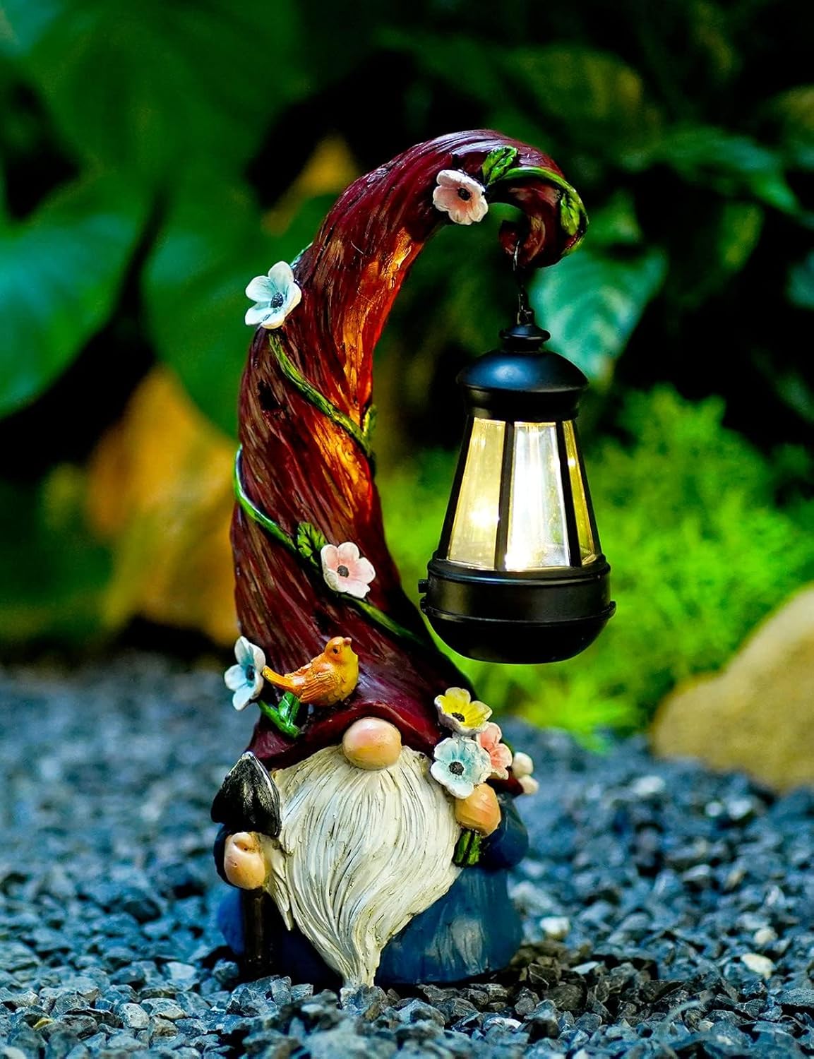 Showcases a whimsical garden gnome solar light in a natural outdoor setting, highlighting its decorative appeal and functionality.
