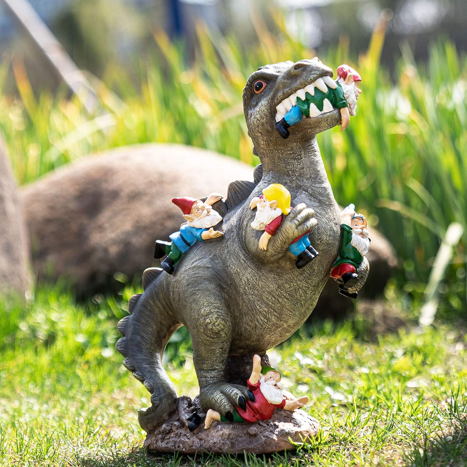 To create a playful and attention-grabbing garden decoration that combines the unexpected elements of a dinosaur and garden gnomes.
