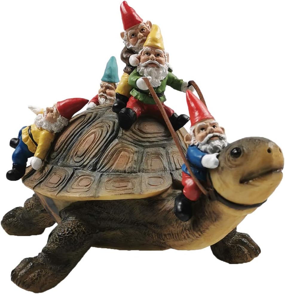 Showcases the whimsical garden decoration featuring multiple gnomes riding a turtle, highlighting the product's unique and playful design.