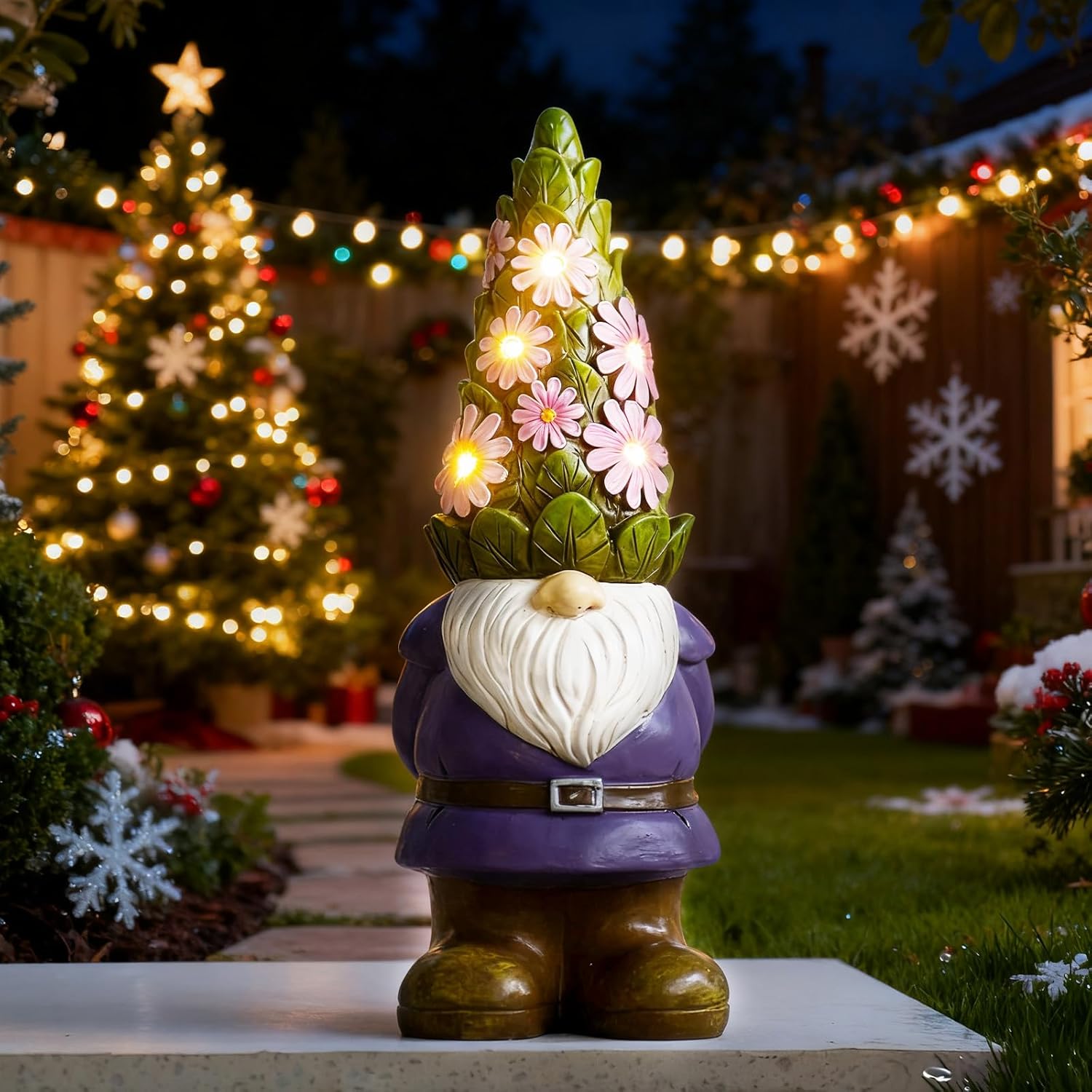 Showcases the product in a festive outdoor setting to demonstrate its use as a decorative holiday item.