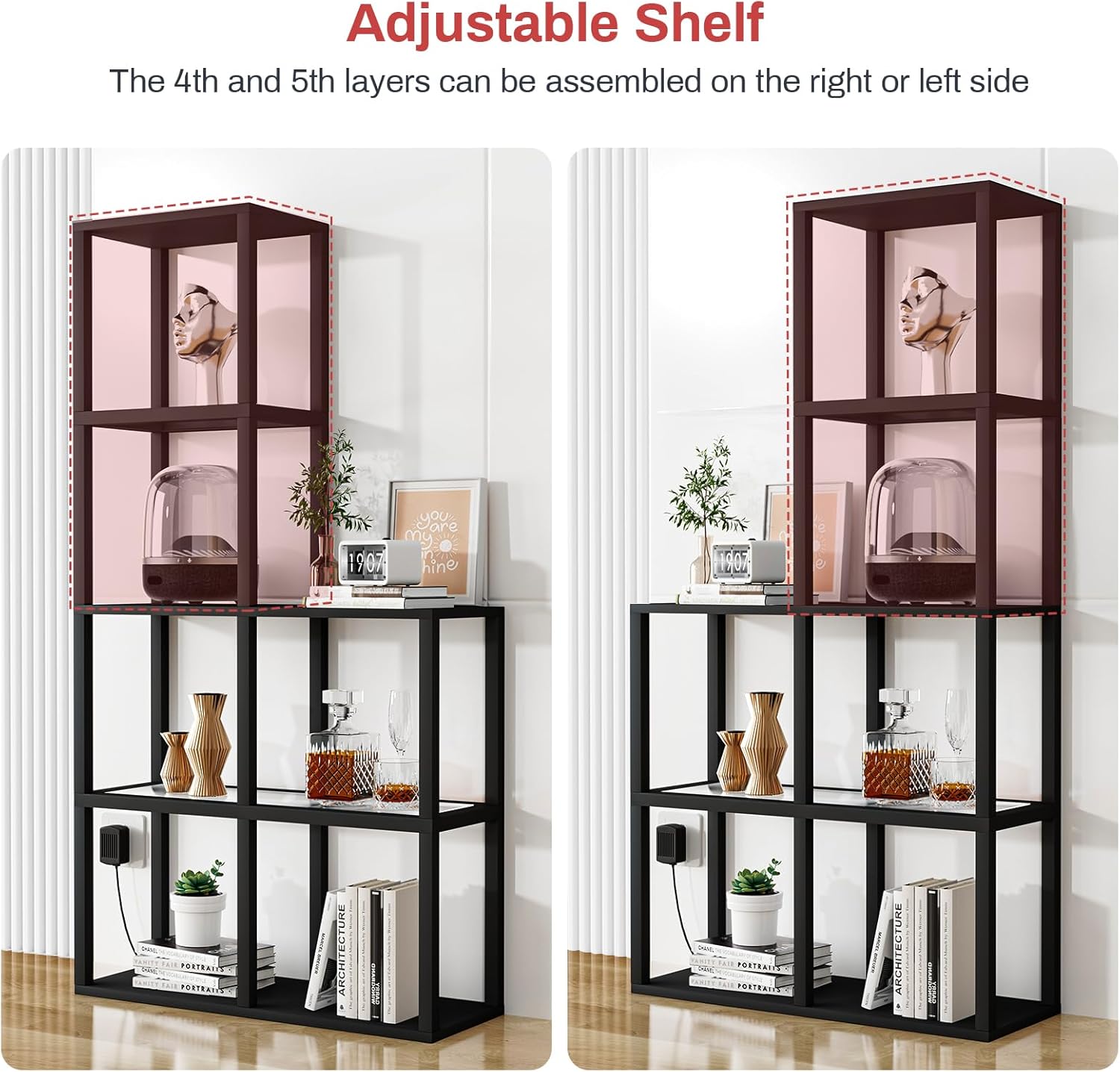 Demonstrates how the top two layers of the shelf can be assembled on either the right or left side, highlighting the product's versatility and customization options.