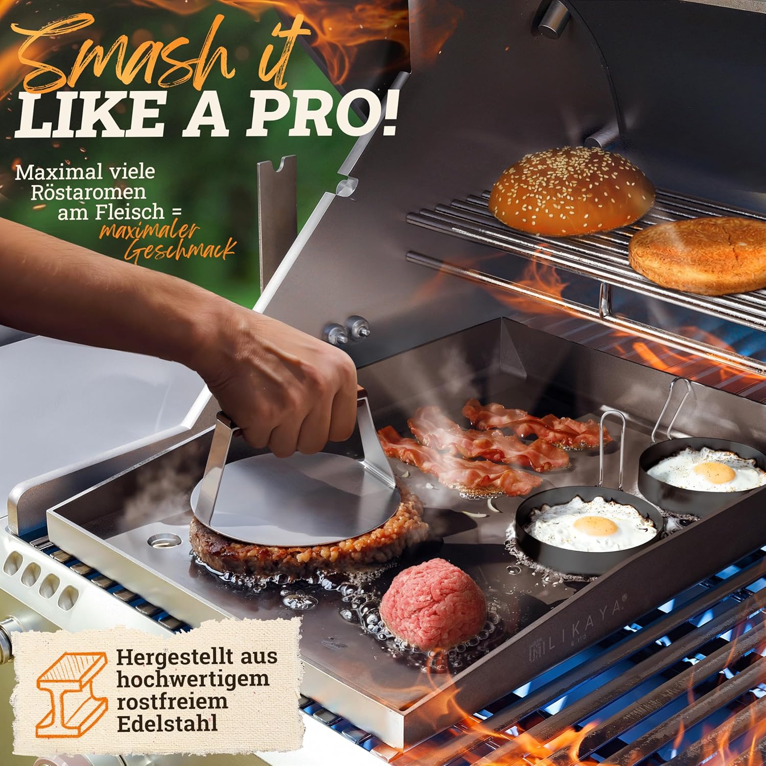 LIKAYA® Smash Burger Master-Set XXL [9-TLG.] Edelstahl mit Akazienholz-Griffen für Plancha: Infographics