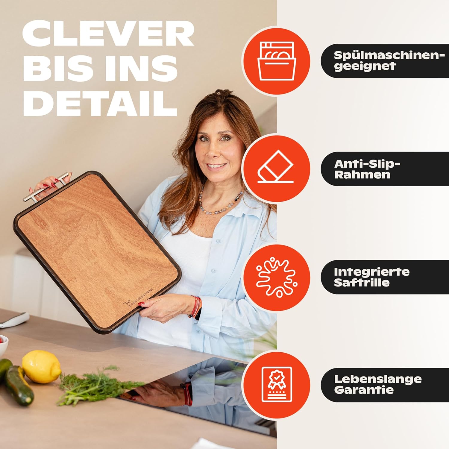 Doppelseitiges Schneidebrett Holz & Edelstahl: Infographics