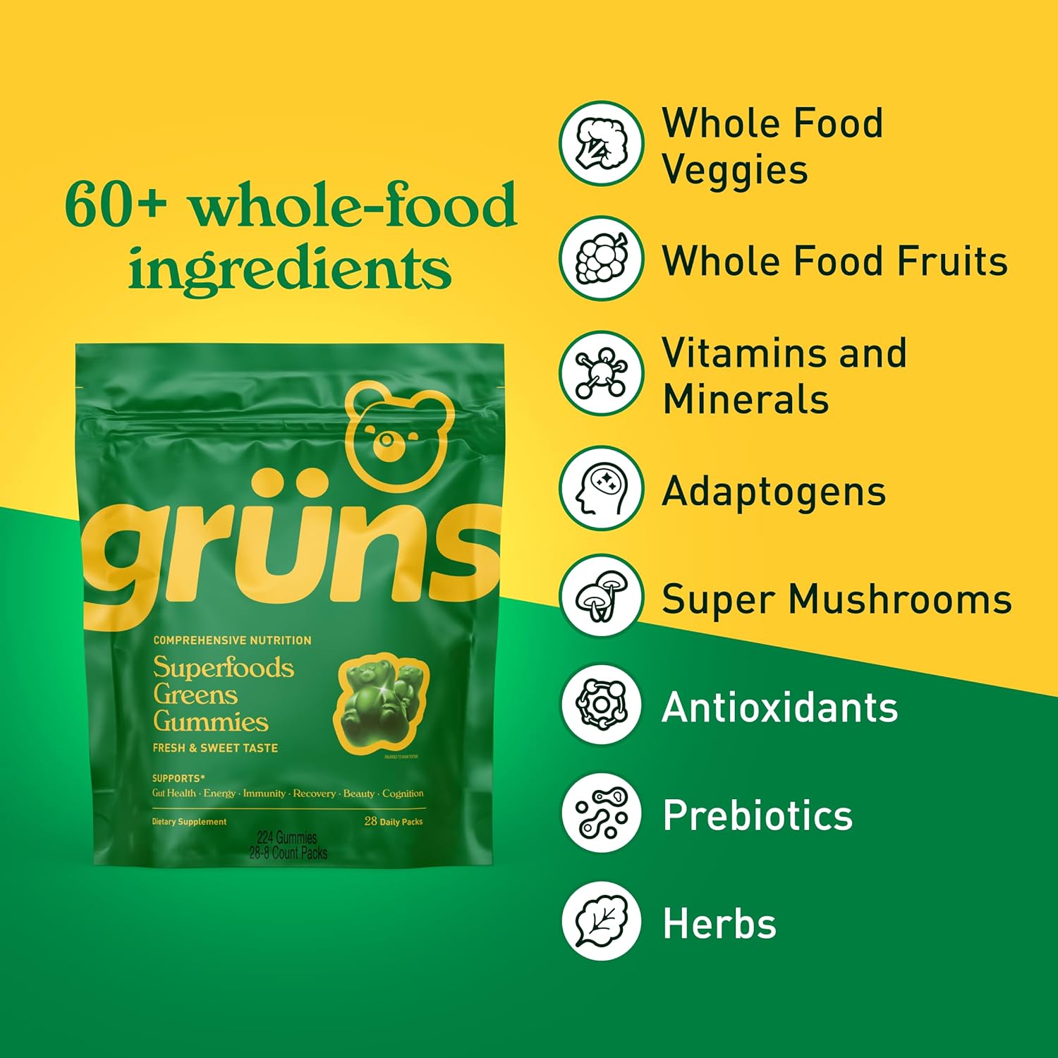 Highlights the product's diverse nutritional content, emphasizing its 60+ whole-food ingredients and various beneficial components to appeal to health-conscious consumers.