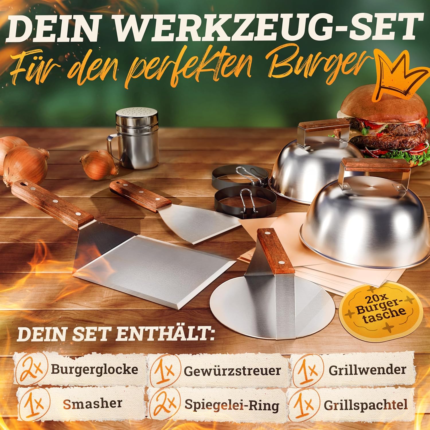 LIKAYA® Smash Burger Master-Set XXL [9-TLG.] Edelstahl mit Akazienholz-Griffen für Plancha: Infographics