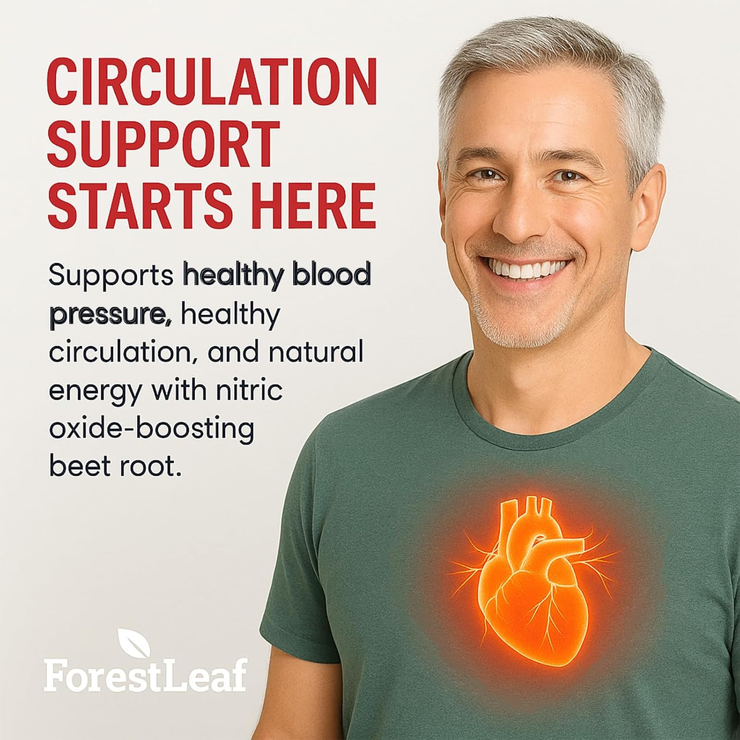 Highlights the product's ability to support healthy blood pressure, circulation, and natural energy through beet root supplementation.