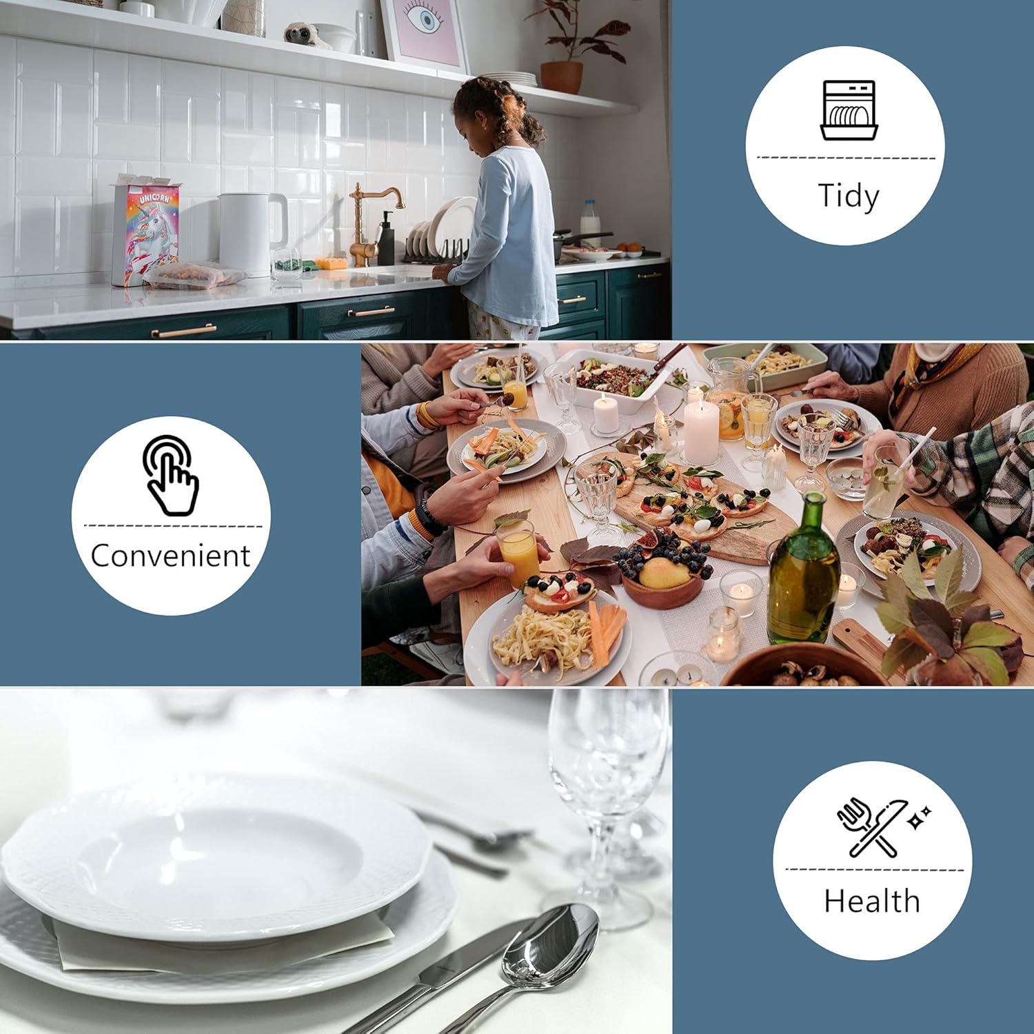 Demonstrates the product's versatility for keeping a tidy kitchen, convenient entertaining with friends, and enabling healthy eating habits.