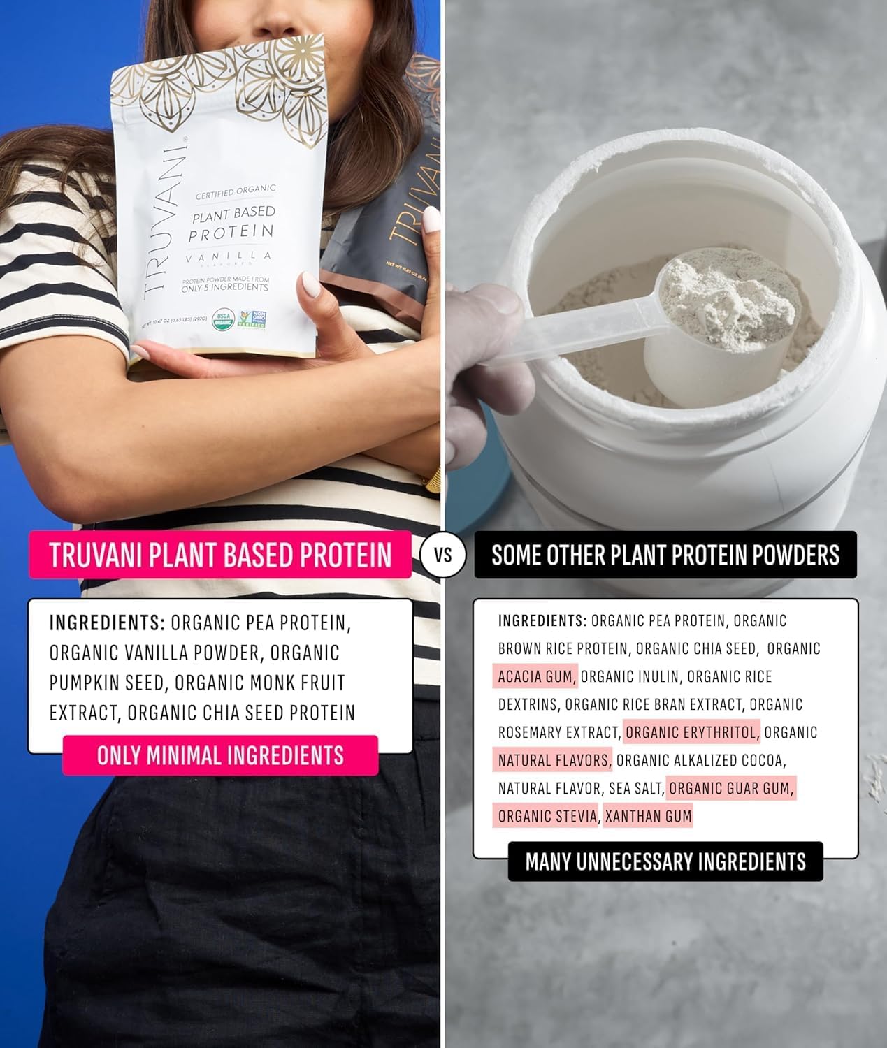 Highlights the simplicity and purity of Truvani's plant-based protein compared to other brands with more complex ingredient lists.