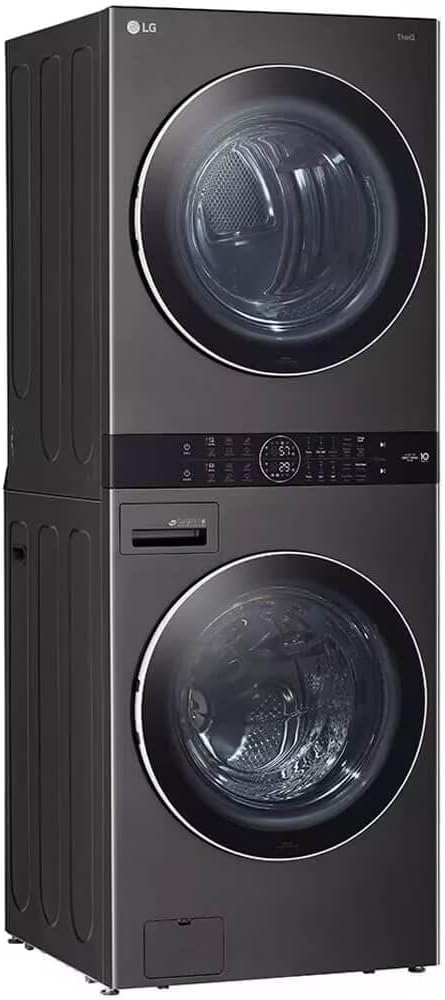 Highlights the washer and dryer's stackable design, allowing customers to visualize how the units can be combined to save space.